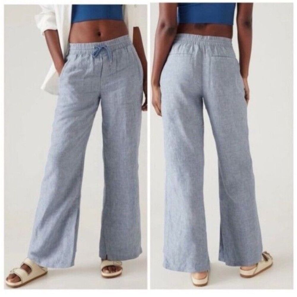 Athleta Light Blue Wide Leg Linen-Blend Pants